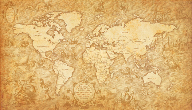 Wall Mural - Old map of the world on a old parchment background. Vintage style. Elements of this Image courtesy of NASA