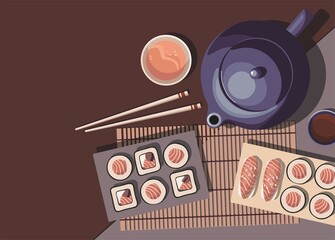 Japanese cuisine. Teapot, mugs of tea and sushi roll. Top view.