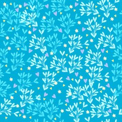 Wall Mural - Vector hand drawn botanical seamless pattern with mistletoe silhouette, stars and hearts in blue. For wrapping paper, textile, apparel, etc