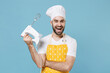 © ViDi Studio - Cheerful young bearded male chef or cook baker man in apron white t-shirt toque chefs hat isolated on blue background studio portrait. Cooking food concept. Mock up copy space. Hold kitchen mixer.