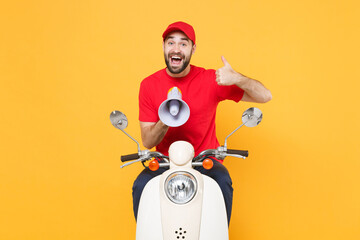 Wall Mural - Delivery man in red cap t-shirt uniform driving moped motorbike scooter scream megaphone isolated on yellow background studio Guy employee working courier Service quarantine pandemic covid-19 concept