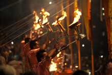 Hindu Priests Perform An Worship, Varanasi.