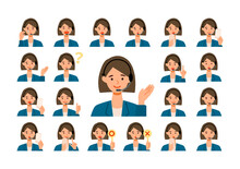 Face expressions of a businesswoman works in call center. Different female emotions and poses set.