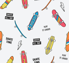 Wall Mural - Hand drawn skateboarding elements seamless pattern. Skate background. Skateboarding doodle illustration. Vector illustration