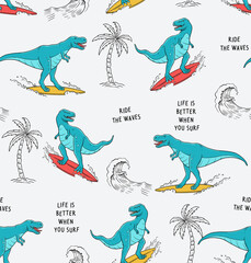 Wall Mural - Surfer dinosaur vector illustration seamless pattern with cool slogans. For t-shirt prints and other uses.