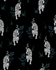 Japanese style tiger vector seamless pattern.