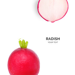 Creative layout made of radish on the orange background. Flat lay. Food concept.