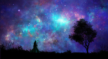 Wall Mural - Space scene. Magician standing on landscape silhouette with tree and fractal colorful nebula. Digital painting. Elements furnished by NASA. 3D rendering
