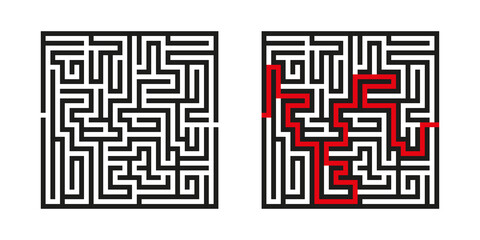 Wall Mural - Black square vector maze with solution isolated on white background. Black labyrinth with one right way. Vector maze icon. Labyrinth symbol. Kids puzzle