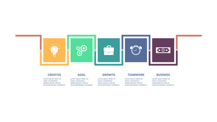 Abstract infographic design template. Vector illustration Abstract diagrams consisting of squares and arrows with 5 steps, options, parts or processes.