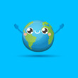 © zmiter - Cartoon cute smiling earth planet character isolated on blue background. Eath day concept design party poster template with funny kawaii earth globe