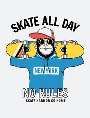 Wall Mural - Skate all day slogan text with the cool skater monkey illustration. For t-shirt prints, posters and other uses