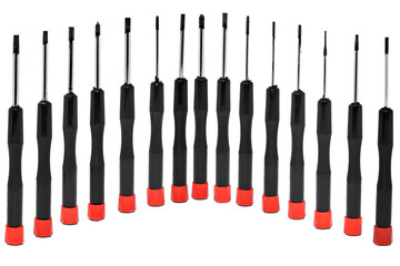 Set screwdriver 15 items in box, for repair mobile phones. Isolated on a withe background.