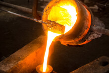 Large Bowl Of Molten Metal At A Steel Mill. Steel Production.