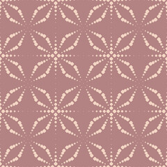 Vector seamless pattern with dots. Simple pink geometric texture with dotted halftone crosses, floral silhouettes, grid. Abstract minimal background. Modern repeat design for decor, print, wallpapers