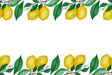 lemon branches frame design, watercolor tropical fruit decoration with lemon fruits, branches and green leaves, summer fruit background