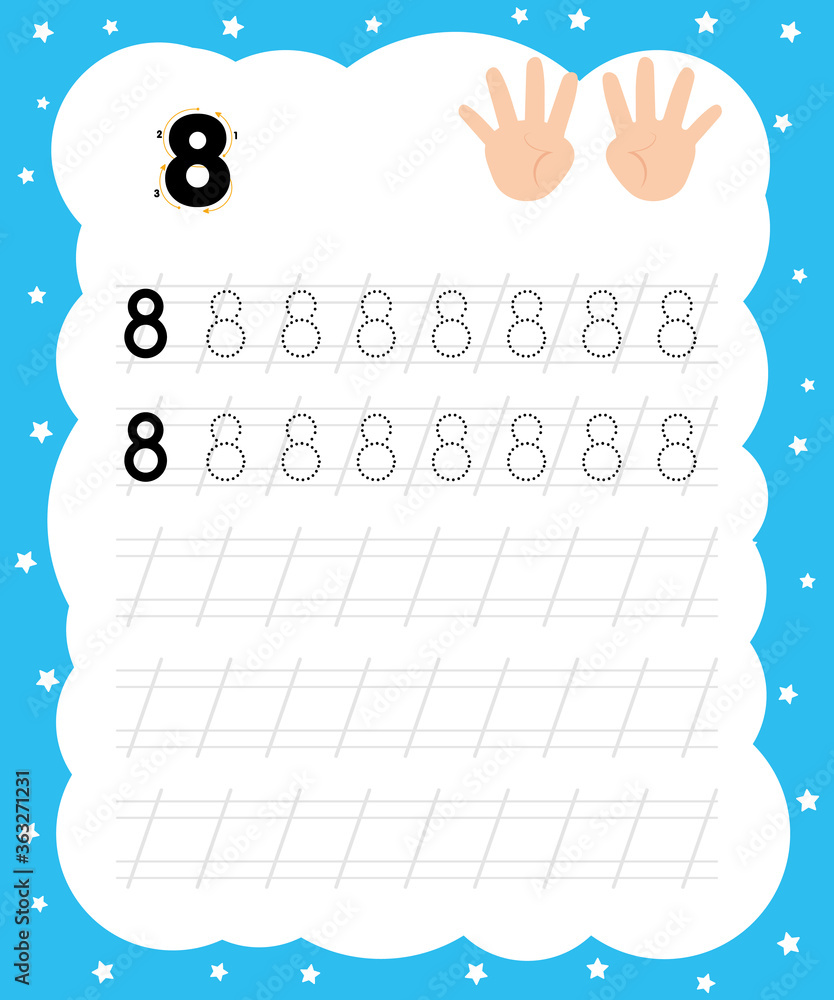 Writing practice 8 for printing a sheet for preschool. Hands that show ...