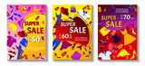 Fototapeta  - Set of super sale promo banner with clothes and different elements of wardrobe. Vector illustration for special  offer, flyer, advertising, commercial, banner.