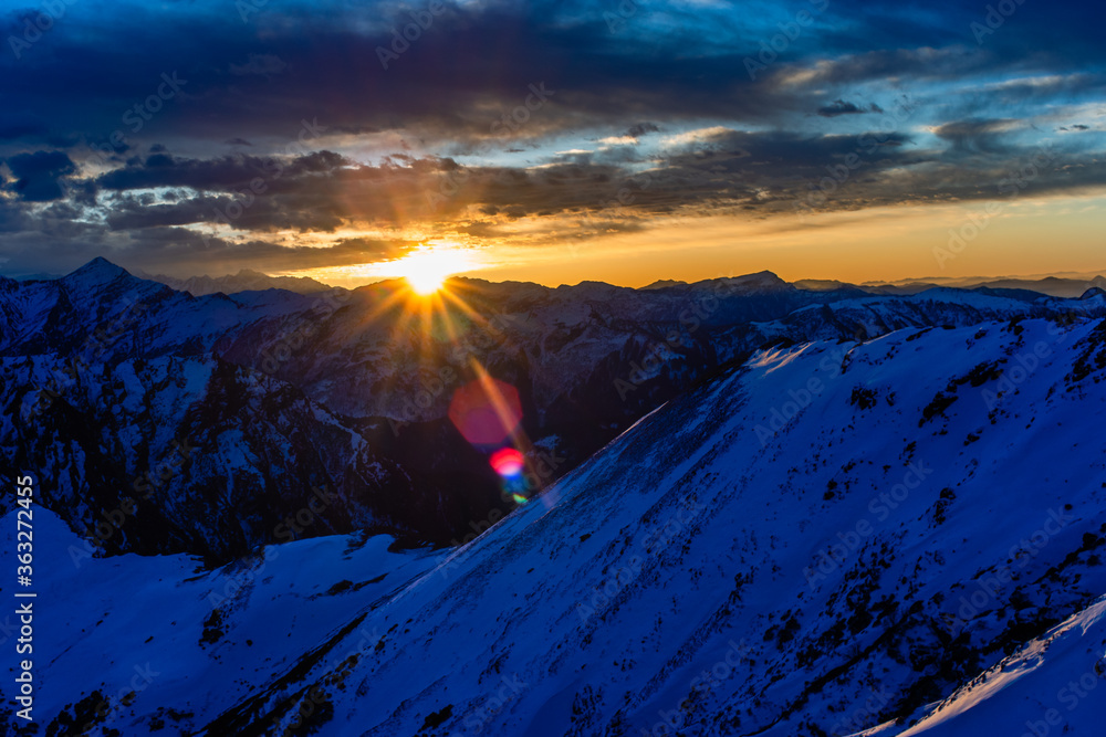 Sunrise over the mountains of the Himalayan range of India, amazing ...