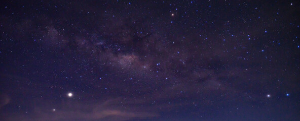 Panorama blue night sky milky way and star on dark background.Universe filled, nebula and galaxy.Many stars on dark night with noise , White clouds obscured and disturbed.