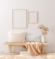 Scandinavian style living room, interior in pastel colors, wall mockup, 3d render