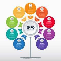 Business presentation or infographics concept with 9 options and icons. Chart in the shape of a flower. Info graphic of technology or education process with nine steps. Vector.