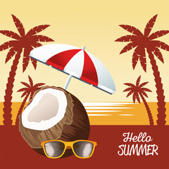 Wall Mural - hello summer seasonal scene with umbrella and coconut