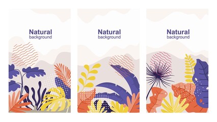 Vector set of abstract backgrounds with copy space for text - bright vibrant banners, posters, cover design templates, social media stories wallpapers with spring leaves and flowers