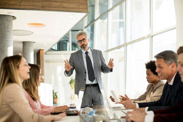 Mature businessman explaining strategy to group of multiethnic business people while working on new project