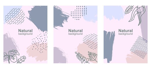 Wall Mural - Vector set of abstract backgrounds with copy space for text - bright vibrant banners, posters, cover design templates, social media stories wallpapers with spring leaves and flowers