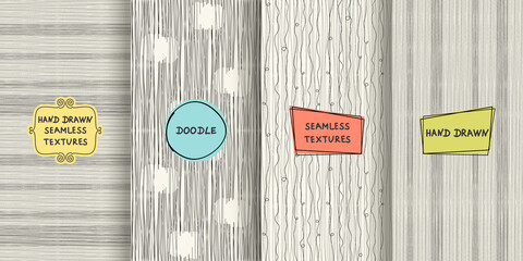 Fototapete - Set of seamless hand drawn texture designs for backgrounds, business cards, web design. Doodle pattern with trendy modern colorful labels. vector illustration
