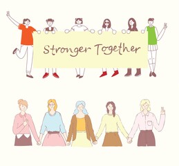 Wall Mural - Stronger Together. Feminine concept and woman empowerment design for banners. Group of young fashion women activists standing together and holding blank banner.