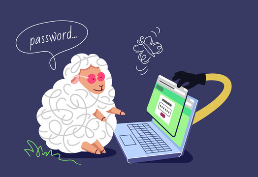 Pharming and phishing concept. The inattentive sheep with a laptop, typing a password in the fake finance account. The hacker hand grabbing a password.