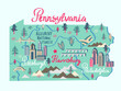 Illustrated map of  Pennsylvania, USA. Travel and attractions. Souvenir print