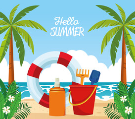 Canvas Print - hello summer seasonal scene with lifeguard float and sandbucket