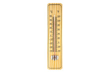 Classic Wooden Thermometer Showing A Temperature Of 40 Degrees Celsius, 104 Degrees Fahrenheit, Isolated On A White Background With A Clipping Path.