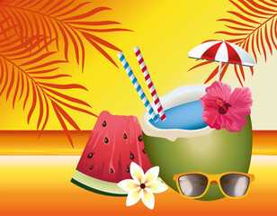 Poster - hello summer seasonal scene with umbrella and coconut