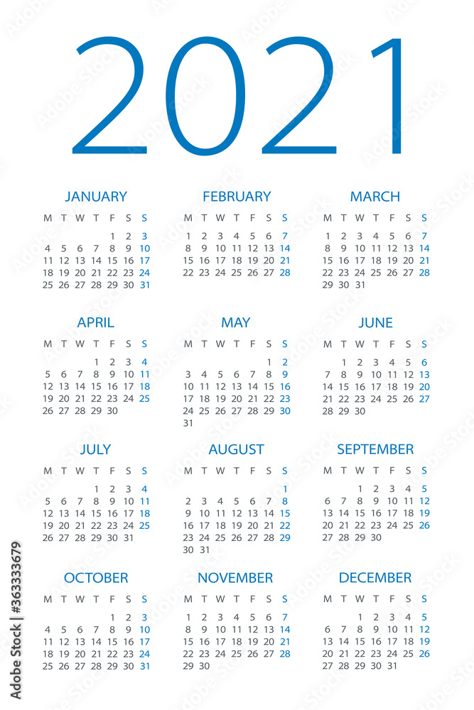 Obraz Kalendarz 2021 Ilustracja Tydzien Zaczyna Sie W Niedziele Na Wymiar Kalendarz 2021 Poniedzialek angielski kalendarz 2021