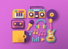 Colorful Music Instrument Paper Cut Icon Set
