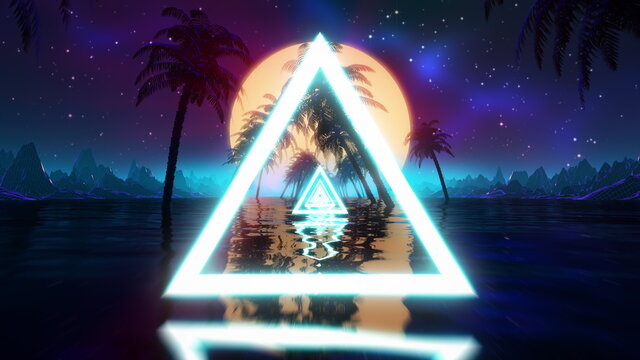 Wall Mural - Retro futuristic synthwave landscape seamless loop. Sci-fi VJ 80s stylized vaporwave 3D looping animation with sunset, palms, water, low poly mountains. 4K VHS retrowave intro with sun and neon lights