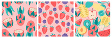 Hand Drawn Tropical Fruits And Berries. Exotic Set Of Three Isolated Seamless Pattern On Pink Background. 