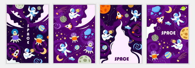 Wall Mural - set of space banners. children's flat style. universe, planets, astronauts and rockets. vector illus