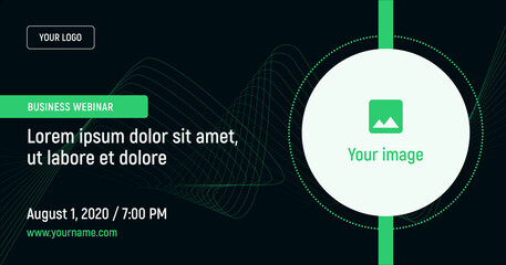 Business webinar with image and contact data on a dark background. Green vector template for webinar, conference, e-mail, flyer, meetup, party, event, web header