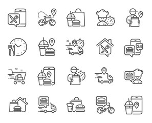 Food delivery line icons. Courier, Deliveryman, Grocery retail. Delivery truck, meal bag, home food order icons. Cart deliver, contactless service, courier location. Fast food package. Vector