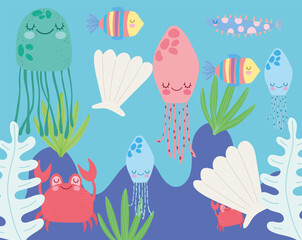 Wall Mural - under the sea, jellyfish shell crab fish algae wide marine life landscape cartoon