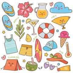 Sticker - Set of summer related object in kawaii doodle style illustration