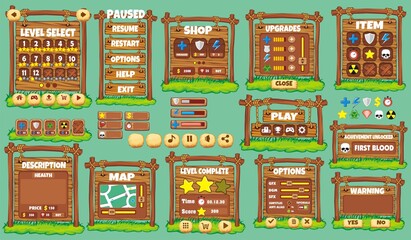 farm Game User Interface Design, Illustration of a funny 
graphic gui background, in cartoon style with basic buttons and functions, status bar, for creating game