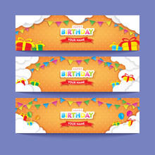 Editable Orange Happy Birthday Banner Set With Clouds, Flags, And Gifts Papercut Vector Design