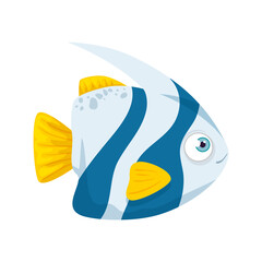 Wall Mural - sea underwater life, cute fish, blue and white color with tail and fins yellow color, on white background vector illustration design