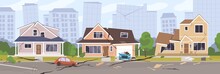 Earthquake City Panorama Vector Illustration. Damaged House, Cars And Holes In Ground. Destruction Cityscape With Cracks And Damages On Buildings. Destroyed Town Landscape After Quake Or Disaster